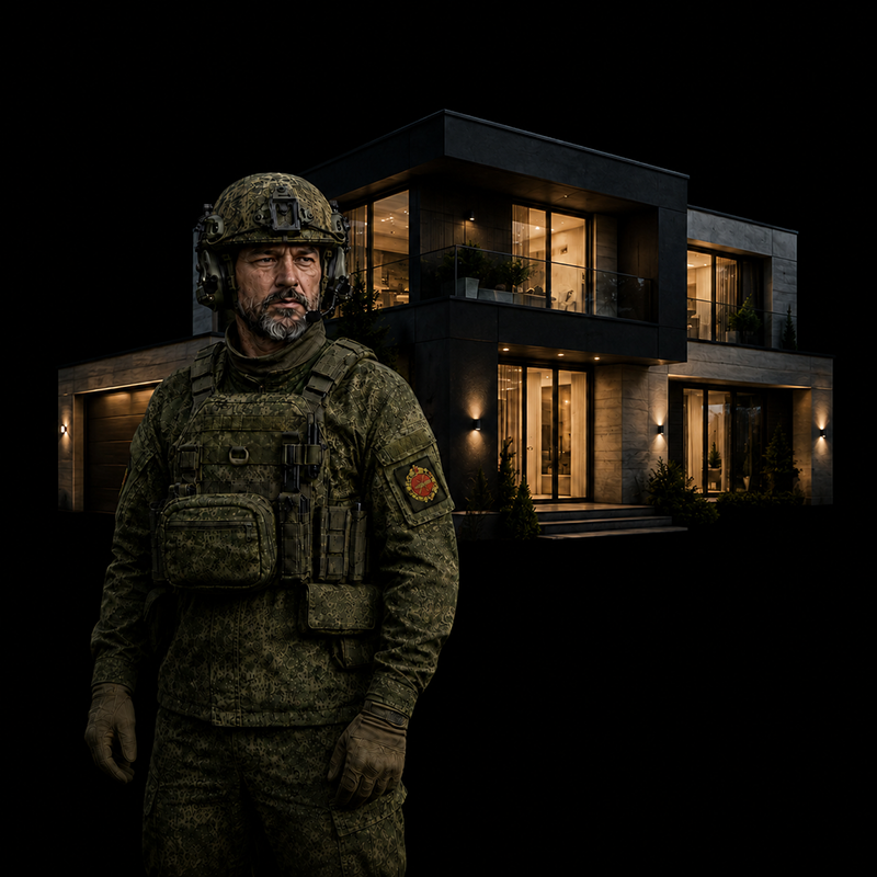 Боец ВБС с домом на фоне